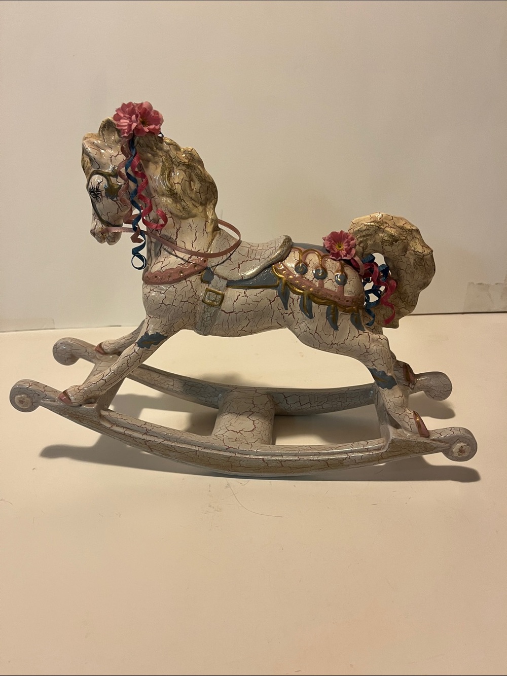 Cream Vintage-Style Rocking Horse Accent with Pink Floral Details